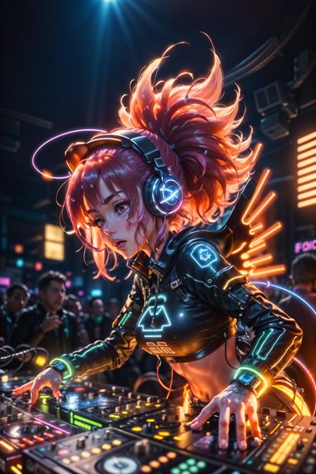 (masterpiece:1.3),(best quality:1.2),8k,absurdres,unity 8k wallpapper,(extremely detailed:1.3),highestres,realistic, blurry background, blurry foreground, 
(1girl:1.2),(headphones:1.1),(neon light:1.1),mechanical headwear,(mechanical wings:1.1),frown,(dynamic pose:1.1),(floating hair:1.2),(DJ:1.2),(psychedelic:1.2),dynamic pose,(electric wire:1.1),(light beam:1.2),half closed eyes,midriff,dim,(music:1.2),cable,god rays,(indoors:1.2),from side,(instrument:0.7),frenzied,passionate,energetic,intense,electrifying,exhilarating,dynamic,thrilling,explosive,rousing,(crowd:1.2),light rays,,<lora:DJ-10:0.5> ,<lora:lowRA:0.5> <lyco:neonlight_V1_loha_upload:0.4>, neonlight,electric fan, (electricity:1.2), (electronic music:1.1),(sound mixing:1.3),<lora:backWings_loconLight:0.6>