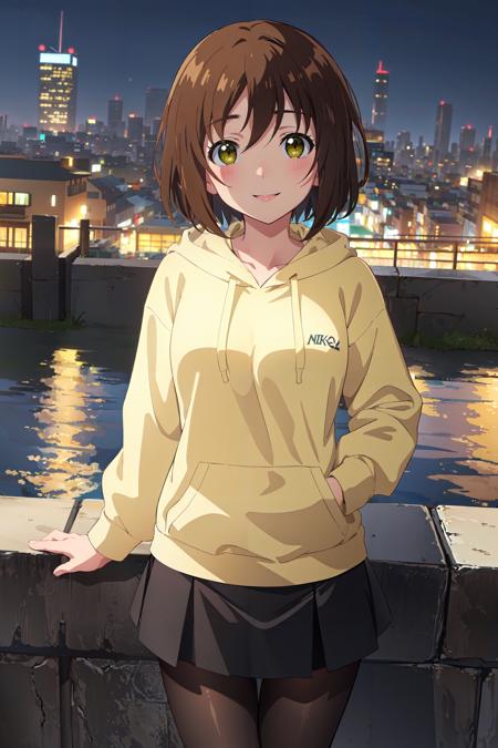 (masterpiece, best quality:1.4), looking at viewer, cowboy shot, smile, blush, aiko hatayama, short hair, brown hair, green eyes, hoodie, skirt, pantyhose, black footwear, cityscape, night, <lora:aiko_hatayama_v1:0.7>