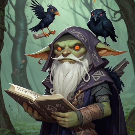 A cute male path_goblin wizard, big eyes, long white beard, holding a spellbook writen with arcane runes, wearing a tunic with mythical glyphs, and a crow companion on his shoulder, on a dark forest<lora:Path_goblin:1>