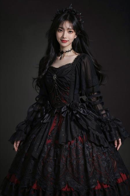 best quality, masterpiece, photorealistic, 1girl, solo, cowboy shot, long black hair, straight hair, blunt bangs, looking at viewer, smile, lo dress, layered dress, frills, choker, long dress, long sleeves, wide sleeves, hair ornament, simple background, <lora:lo_dress_gothic_style2_v2:0.7>