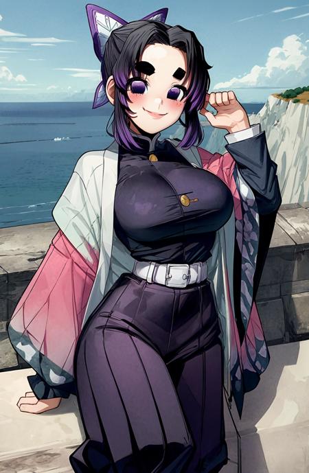 Kochou shinobu, 1girl, solo, round eyebrows, hair ornament,  blush, smile, looking at viewer, purple eyes, black hair, black shirt:1.5, belt, short hair, flat head, black pants, huge sagging breasts , background: outdoors, Scenic coastal cliffs , <lora:ryuwan | ryuwanshoy - Style LoRA - V2:1>, <lora:kochou_shinobu_v1.2:1>