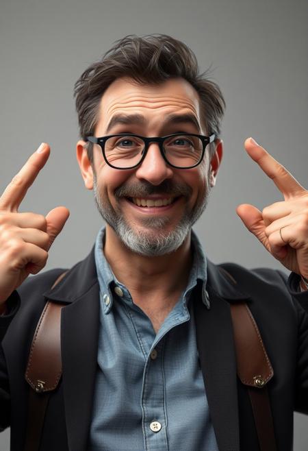 Posaman, portrayed by the Italian actor and comedian Lillo, should reflect a realistic and grounded style while still emphasizing his quirky, exaggerated poses. The model should capture Lillo’s distinct features—his expressive face, short beard, and casual yet confident demeanor. Focus on realistic textures, including natural skin tones, detailed facial expressions, and lifelike clothing, while highlighting his humorous, larger-than-life poses. These can range from mock-superhero stances to awkward yet charismatic gestures that showcase his comedic flair. The goal is to blend realism with humor, creating a character that feels authentic while staying true to Lillo’s unique comedic style.