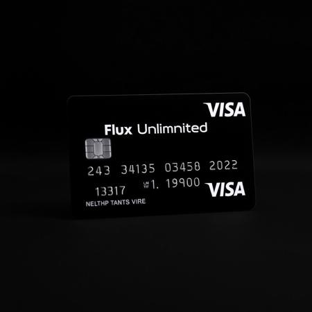 Black visa card with text "Flux Unlimited". Simple background,  dark background, cinematic view, no more text