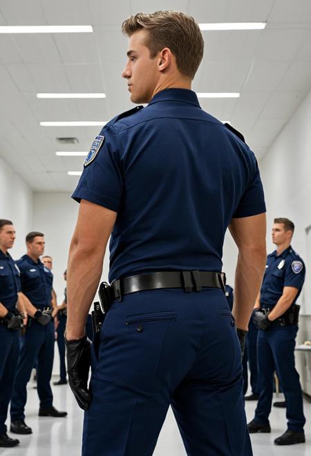Ultra-realistic, cinematic full-body photo of a handsome 20-year-old Caucasian male police academy recruit, viewed from behind during a uniform inspection. He stands tall and rigid in a wide inspection stance, hands clasped tightly behind his back, wearing a sharply fitted short-sleeved navy police uniform and black tactical gloves. His lower body is exaggerated with immensely muscular, oversized glutes that stretch and contour the fabric of his tight uniform pants to the extreme, along with thick, powerful thighs. The glutes are prominently rounded and firm, becoming the visual focus from this low rear angle. A heavy-duty duty belt is cinched tightly around his slim waist, further emphasizing the exaggerated proportions. He turns his head slightly, glancing back over his shoulder with a smug, dominant expression. The background features a clean, well-lit police academy inspection hall with other recruits blurred in line. Bright overhead lighting enhances every shadow and curve, capturing the exaggerated anatomy in sharp, ultra-realistic detail. Cinematic composition, full-body in frame, high-resolution textures, photo-like lighting, and dramatic depth.