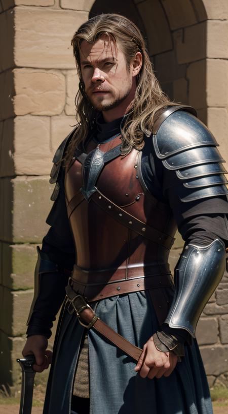 close-up, Man ((Chris Hemsworth, knight, near a castle)), looking at viewer, wearing (cuirass, gorget, pauldron, couter, vambrace, gauntlets, cuisses, greaves, sabatons, poleyn, tasses, plackard, rerebrace, breastplace, faulds, scabbard, gardbrace, shoulder armor), HDR
