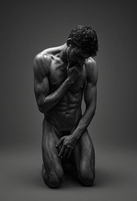 This modern art photograph is a profound exploration of human emotion, a visual poem that delves into the complex depths of sadness, loneliness, and regret. The subject, a man, becomes a vessel of raw emotion, his head bowed not only in physical but emotional weight. The black-and-white palette, enhanced by the graininess, adds a timeless quality, evoking a sense of nostalgia and melancholy. The slow shutter speed captures the hazy movements, a blur of his inner turmoil, a poignant contrast to his stoic expression.
shot on Canon EOS 5D Mark III captures every nuanced detail, from the flawless hairs to the subtle gradient backdrop, creating a minimalist and tranquil setting that accentuates the subject's inner world. This image, a fusion of cinematic and conceptual art, plays with perception, inviting viewers to reflect on their own interpretations. It is a powerful portrayal of a man grappling with his thoughts, a moment of quiet despair, beautifully and hauntingly frozen in time, leaving a lasting impression of emotional depth and vulnerability.