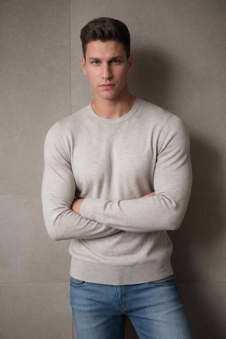 (medium-full shot) photo of kyle_hynick <lora:kyle_hynick-05-prodigy:0.75> wearing a fitted light grey crew neck sweater, slim-fit jeans, muted earth tone wall, soft well-defined lighting, relaxed and self-assured pose, a natural confident stance, relaxed approachable expression, leather bracelet,  epiCPhoto