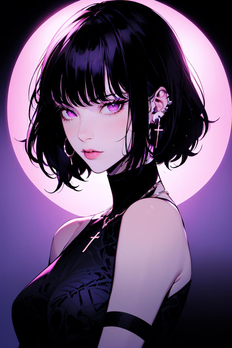 Anime girl with dark hair and purple eyes, wearing a black dress and earrings.
