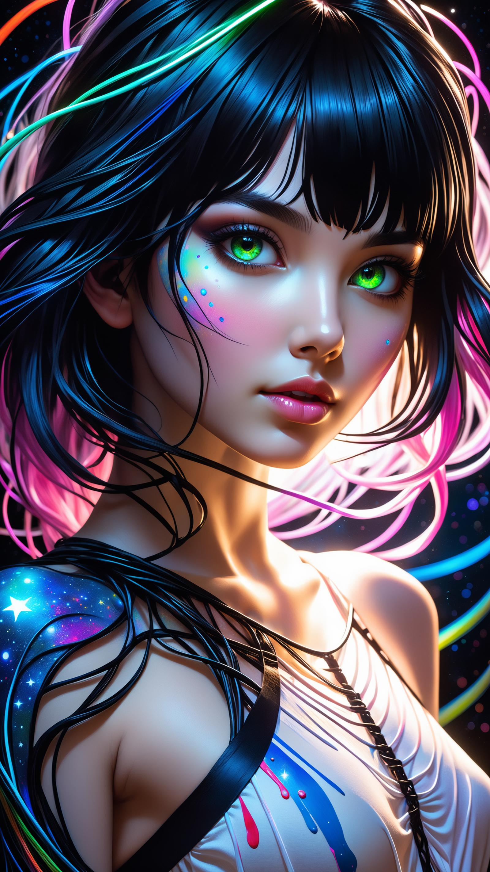 Artistic digital painting of a girl with green eyes and a colorful background.