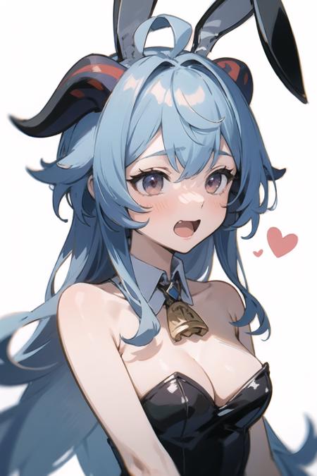 (finely best quality illustration:1.2), (kawaii girl:1.0), (1girl, solo:1.0), (blue hair, 2 horns:1.0), (playboy bunny, rabbit ears, bare shoulders, bare arms:1.0), ((embarrassed:1.5), open mouth, (:D:0.8), (crying:0.2):0.65), (ganyudef:0.85), (upper body:1.1), (white background:1.0), (ultra-detailed, highres:1.0),  <lora:GanyuGenshinImpact:1>,