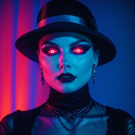 <lora:MysticVogue80sOccultPopSD1:1> Mystic Vogue 80s Occult Pop, The image is a portrait of a woman with dark and eerie makeup. She is wearing a black hat with a veil covering her head and a black top. Her face is painted with red eyeshadow and her lips are painted a deep red color. She has a dramatic and eerie look with a hint of blue and purple lighting. The background is a gradient of blue creating a dramatic contrast with the dark outfit. The woman's face is illuminated by a soft light making her face stand out even more. The overall mood of the image is dark and mysterious., 1girl, solo, red eyes, hat, glowing eyes, earrings, jewelry, glowing, makeup, looking at viewer