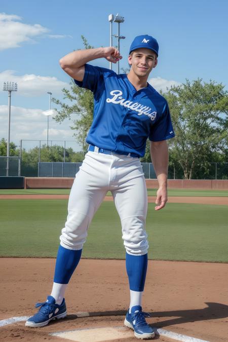 standing on a baseball field, DaneDekota is a baseballplayer, slight smile, baseball uniform, (blue cap), blue jersey, white pants, (blue socks), long socks, (black sneakers), looking at viewer, masterpiece, ((full body portrait)), wide angle   <lora:Clothing - Sexy Baseball Player:0.6>  <lora:DaneDekota:0.8>