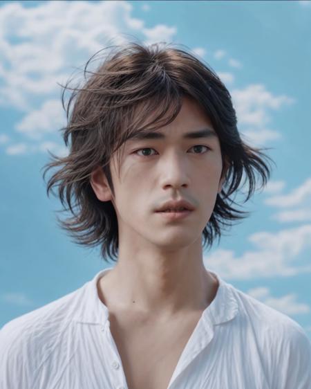 Kaneshiro Takeshi, solo, short hair, brown hair, shirt, black hair, white shirt, upper body, parted lips, sky, day, blue sky, lips, realistic, nose