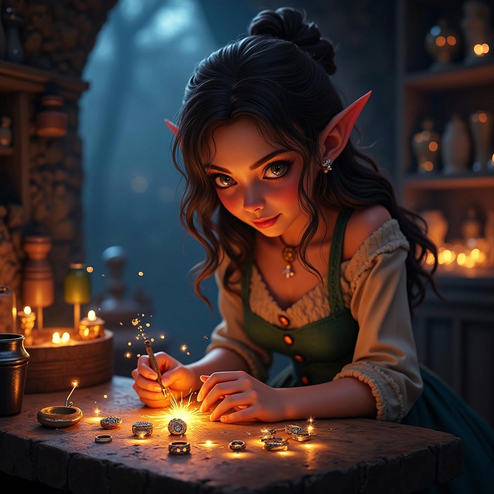 canon eos r5, a cute elf woman jeweler working on  severals jewels and rings, hazel eyes, jeweler shop, nighttime,  vivid colors, flying dust ,  medieval, heroic fantasy,studio quality, octane rendering, Dunia Engine,