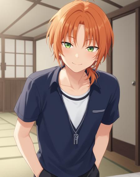 tsukinaga_leo_pony, orange hair, green eyes, medium hair, ponytail,