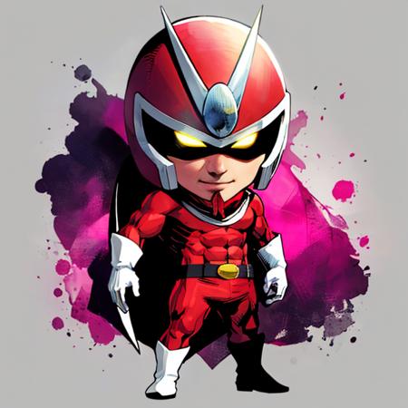 Viewtiful Joe,  red bodysuit, translucent pink scarf, helmet with glowing yellow eyes, goatee, white gloves, white boots, abs,  standing, short, chibi head,
(insanely detailed, beautiful detailed face, masterpiece, best quality)  intricate details, volumetric lighting,  tone mapping, <lora:Joe-10:0.7>