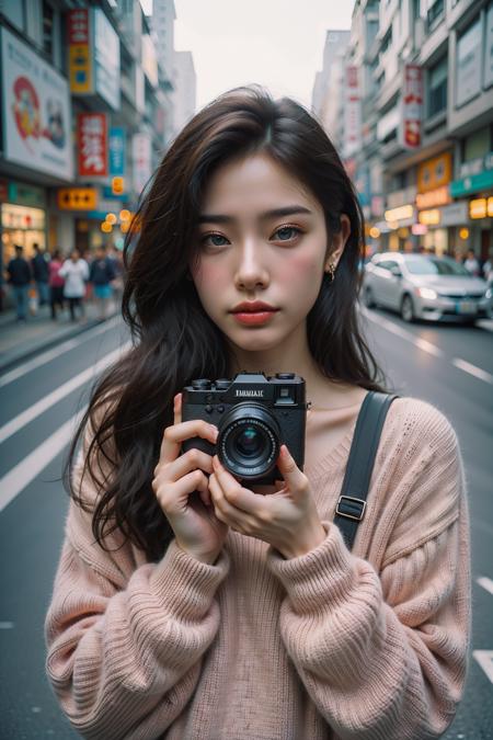 a woman holding a camera in front of her face while standing on a street corner in a city with buildings,1girl,camera,earrings,solo,jewelry,long hair,blurry,sweater,blurry background,looking at viewer,brown hair,pink sweater,street,realistic,lips,photo background,outdoors,road,holding camera,holding,blue eyes,black hair,upper body,ground vehicle,city,bag,
Best quality,masterpiece,ultra high res,<lora:chaoren 1:0.6>,