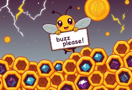 A cute bee flying over huge honeycombs with stylized lightning bolt coins and gems inside, holding a sign that says "buzz please"