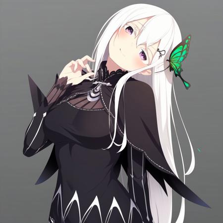 echidna, white hair, long hair, purple eyes, butterfly hair ornament, black dress, black capelet echidna, white hair, long hair, purple eyes, butterfly hair ornament