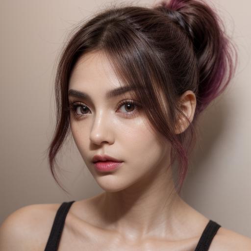 An image of a young woman with fair skin and a unique hairstyle that transitions from brunette at the roots to magenta at the ends, styled into a high ponytail. Her facial features include arched eyebrows, hazel eyes with long lashes, and rose-pink lips. She wears a black top with mesh details and a deep V-neckline. The background is soft and neutral with natural lighting highlighting her face. <lora:ReaLora:0.4>,<lora:hairdetailer:0.4>,<lora:more_details:0.7>,<lora:breastsizeslideroffset:0.2>,<lora:microwaist:0.35>,<lora:thicc_v2.3:1.25>,<lora:epicreallife.Pq9H:1>,<lora:Detail Tweaker LoRA:0.8>,<lora:picxer_real:0.4>,