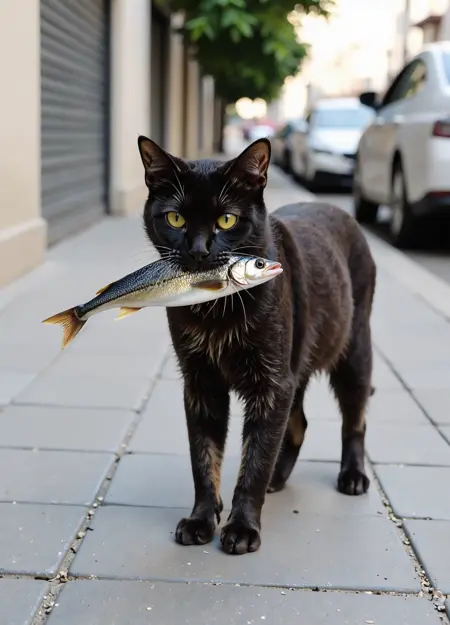 Cat with fish in mouth