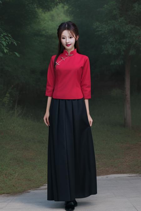 best quality, masterpiece,real,realistic, photo,photorealistic, looking at viewer,1girl, 
minguoxiaofu,school uniform, tangzhuang,red shirt,long skirt,
 <lora:minguoxiaofu_v2_03:0.8>