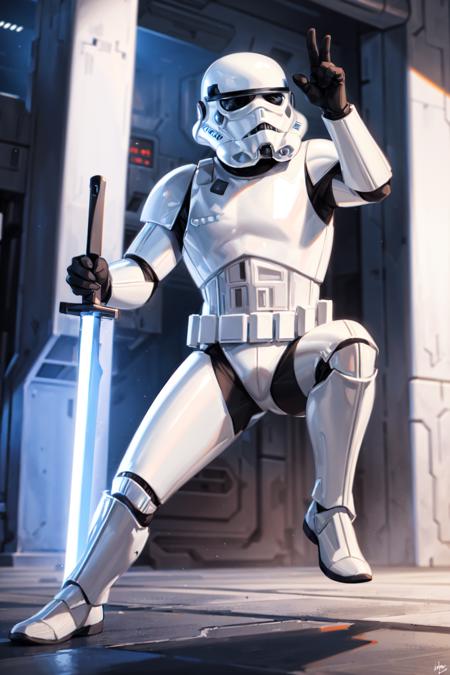 storm trooper, helmet, white armor, science fiction, star wars, pose, dragonslayer \(sword\), holding_sword