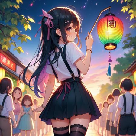 carrying a colorful lantern one hand holding a stick suspender skirt night twilight greenery