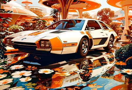((70's retrofutursim with Syd Mead art style)), in a world where technology and innovation intertwine with the groovy aesthetics of the 70's. Picture a utopian society, with floating gardens and eco-friendly buildings adorned with geometric patterns, Syd Mead painting style, renowned iconic retro-futuristic artworks, flying car, white color scheme