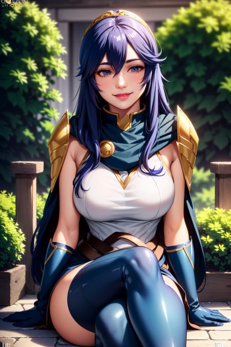 Lucina, ((high resolution, masterpiece, ultra-detailed illustration, photo realistic:1.5)), (textured skin:1. 2),  (( garden background, ambient lights, real shadows:1.2)),  view from Behind:1.8, Behind,  1girl,  solo, fantasy, ((detailed skin:1.5| ultra detailed face, Pervert smile:1.5)), ((blue hair, glossy hair, beautiful detailed hair, Gorgeous hair, fantasy hair, long hair, realistic hair:1.5)), (Mark of naga in left eye, blue eyes, detailed eyes, detailed pupils, marked eyelashes, bold eyebrows, crystal clear eyes, fully circular eyes:1.5), ((Blue Dress, Blue Armor, blue skirt, Blue boots, cape, gloves, brown belt, golden ring in belt, golden diadeM, zettai ryouiki:1.4),  ((thin legs, wide hips, perfect thin waist:1.0)), ((Thicc breast:0.8)), ((glossy lips, detailed lips:1.1)), crossing legs, model pose