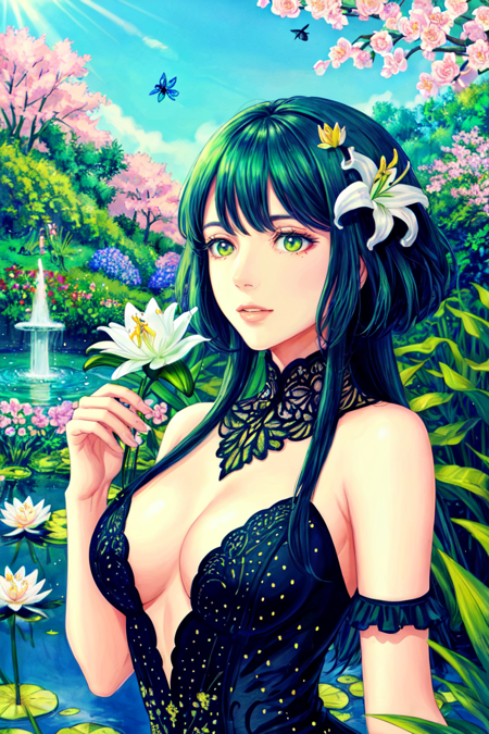 (masterpiece:1.2, best quality), (real picture, intricate details), (1lady, solo, upper body:1.2), big tits colorful garden, with blooming flowers of all shapes and sizes. The air is thick with the sweet fragrance of roses and jasmine. A small pond shimmers in the sunlight, its surface dotted with lily pads. In the distance, a pair of peacocks strut about, their feathers glistening in the sun. Bees buzz about, pollinating the flowers and adding to the lively energy of the scene.