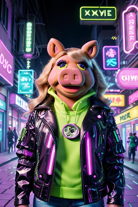 Envision Miss Piggy from The Muppets transformed into a charismatic cyberpunk fashionista. Miss Piggy dons a cutting-edge cybernetic ensemble, featuring a sleek jacket with neon accents and glowing circuit patterns. Her eyes are adorned with cybernetic enhancements, emanating a captivating, luminous glow. She poses confidently in a futuristic, neon-lit alleyway, surrounded by holographic advertisements and advanced technology. Miss Piggy exudes style and sophistication, with her sassy attitude and impeccable fashion sense. The atmosphere is a stage in an amphitheater filled with the sounds of futuristic music and the whispers of admiration from passersby, creating a vibrant and technologically advanced environment. (Cutting-edge cybernetic ensemble, sleek jacket with neon accents, glowing circuit patterns, cybernetic eye enhancements, futuristic alleyway, neon-lit, holographic advertisements, advanced technology, style, sophistication, sassy attitude, impeccable fashion sense, futuristic music, whispers of admiration, vibrant, technologically advanced environment), <lora:CyberpunkStyleV1:0.8>, PunkAI