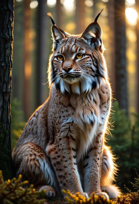 masterpiece, ultra-detailed, hyper-realistic, cinematic lighting, magnificent Lynx, long fluffy fur, striking yellow eyes, sitting directly facing the viewer, calm and elegant posture, highly detailed fur texture, soft lighting, shallow depth of field, realistic whiskers and fur strands, subtle and warm backlighting, photography very realism, pet portrait perfection, coniferous forest background