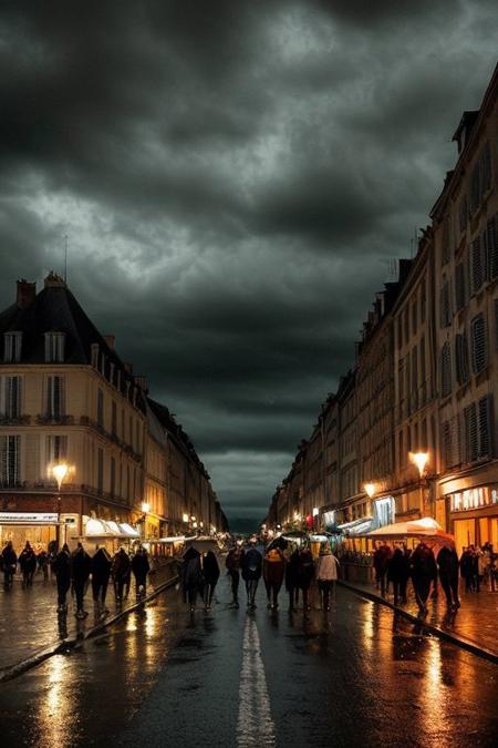 a dreamy dark gloomy rainy night in the street of France