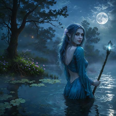 water elf fairy looking back standing in a blue lake, foggy, wet, sweat, sweaty, wet long blue hair, wet blue skin, wet blue clothes, fog, mist, trees and the moon in the background, waterlillies on the lake, at night, closed_mouth, clouds, mysterious, creepy, water, water reflections, water waves, waves, shadows, glowing radiating magical staff, fairytale, magical, enchanted scene,
detailed background,( Calm spring night landscape), amongst lush greenery, beautiful view, creeping phlox in full bloom, creeping phlox, glowing gem on a staff,  night, nighttime, moon, clouds, cloudy sky, beautiful clouds, dappled sunlight, depth of field, masterpiece, best quality, ultra-detailed, very aesthetic, illustration, perfect composition, intricate details, absurdres, moody lighting, wisps of light, glowneon, glowing,  <lora:XL_glowneon_075:0.6>,  <lora:XL_more_art-full_075:0.6>,  <lora:XL_MJ2_lora:0.6>