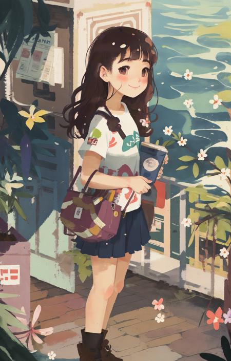 1girl, solo,  shirt, smile, ocean,  flowers, 
<lora:chahua_V1_bianping09HF:1>