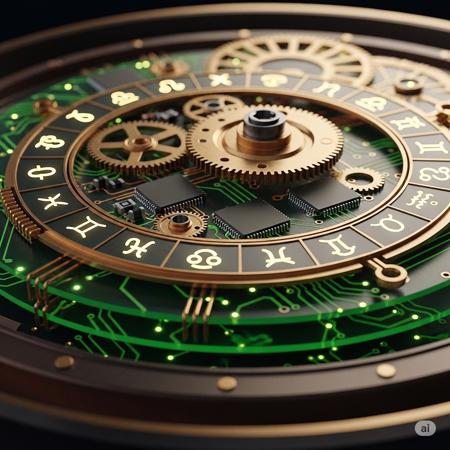 An ancient Greek Antikythera Mechanism reimagined as a futuristic circuit board. Translucent green PCB layers replace the bronze gears; delicate copper traces snake around miniature surface-mount chips and glowing LED indicators that form zodiac symbols. Hyper-realistic macro close-up, ultra-detailed, intricate fusion of mechanical and electronic elements, dramatic ambient lighting, shallow depth of field, 8K resolution, cinematic composition., digital art