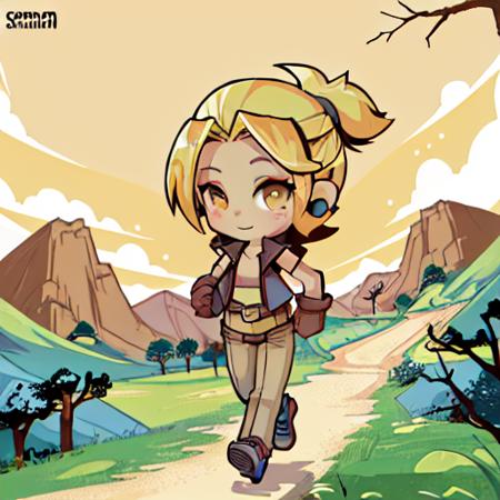 solo, senna, human, female, chibi, yellow eyes, gloves, running, brown pants, forest, trees, mountain <lora:pk_senna-000008:0.8>