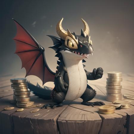 (8k, RAW photo, best quality, masterpiece:1.2), bank, bobeda, gold, gold coins, gold bars, gollas, a lot of gold, banker, black scales, wings, tail, horns, sharp teeth, red eyes, creature playing with gold from a bank , techo, <lora:Techo:0.70>