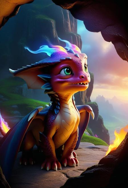 dreamly realistic, fantasy cinematic, a cute dragon smolder