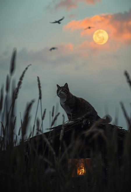 (Soft Lighting Photography by Mimoza Veliu and Mario Giacomelli:1.2), NSFW, A cat in tall grass on  a hut, from below, birds, gradient orange cloud indicating sun setting, lScandinavian Style Palette,
