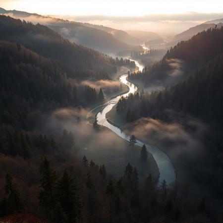 8k, source_photo, source_real, traditional media, amateur, real life photo, wide valley, scattered trees and woodland,  winding river, dungeons and dragons, medieval, mist, sunset