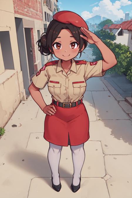 1girl (cm uniform:1.1) ((tan skin)) [short sleeves brown shirt, school emblem, breast pocket, collarbone::4] (red skirt:1.05) (white pantyhose:1.1) (black shoes:1.15)
(full body:1.1) solo, standing, hands on hips, closed mouth, smile, (forehead:1.1) (single hair bun:1.1), medium breasts, black hair, brown eyes, outdoors
BREAK (masterpiece, best quality:1.2), brazil, stone pavement, old buildings, (tree:0.9), (red beret:1), brown belt , salute, (pencil skirt:0.85)
<lora:cm2fin:0.85>
<lora:koohiitei-shinbo-2344it-novae:0.2>
<lora:okina:0.2>