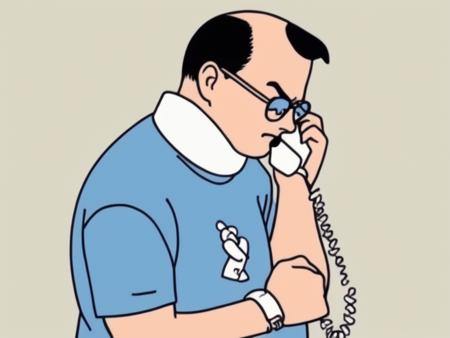 Cel Shaded Art of  <lora:Tourettes_Guy:.8> pissed off Tourettes Guy with a white neck brace and glasses in a blue shirt is smashing a landline phone into 1000 pieces, 2D, flat color, toon shading, cel shaded style