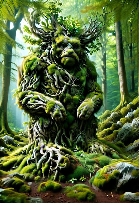 score_9,score_8_up,score_7_up, PG-TR, This is a vibrant, fantasy illustration of a large, golem-like figure that appears to be made of stones and rocks, partly overgrown with lush green foliage. The figure stands in a forested environment, with trees and plants surrounding it, and in the background, ruins or other stone structures are visible. The sky above is clear blue with some white clouds, indicating a sunny day.
The colossus itself is impressively large, with a broad posture and thick, robust limbs. Its body is a mix of gray and brown stones, some smoother than others, with cracks and moss growth emphasizing its age and natural integration. The most striking feature is the dense layer of bright green leaves covering large parts of its torso, shoulders, and upper legs, as if it has become part of the forest itself.
The colossus's face is somewhat human-like, with a stylized, flat nose and indentations suggesting eyes, all formed from stone. The overall atmosphere of the image is one of wonder and mystery, fitting for a fantasy world. <lora:Treeroots_0_90_multi2_Handprocessed_V2:1>