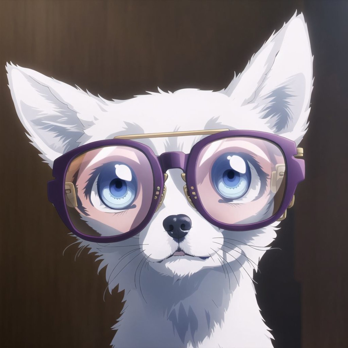 <lora:akebi:1>, akebi, animalization, blue eyes, dog, fox, glasses, no humans, red-framed glasses, violet eyes