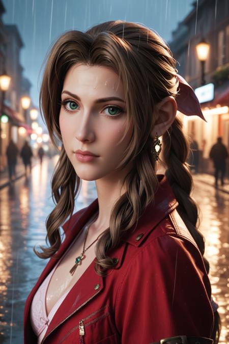 FF7Aerith, 1girl, brown hair, green eyes, long hair, braided ponytail