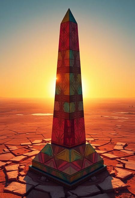 obelisk, savannah, vibrant oil pastel colors, sharp geometric obelisk structure, interlocking polygonal patterns on the surface, multichromatic hues reflecting in sunlight, angular base and pointed top, fragmented terrain around the obelisk, exaggerated scale, recursive shapes in the surroundings, infinite geometry in the landscape, intricate fractal structures in the stone, warm glowing light from the horizon, saturated earthy tones, deep oranges, reds, and yellows, stark natural lighting, sculptural and angular forms, intersecting planes of land and obelisk, fractured ground geometry, rigid stone structure, flowing yet sharp surfaces, primal aesthetic, dystopian vibe, high resolution, photorealism, (emphasis on sharp geometric obelisk forms:1.6), minimal organic details, unsettling, (blurry:-1.2), (ugly:-1.3), (polished:-1.3), (cartoonish:-1.1), (low quality:-1.2), (smooth surfaces:-1.4), (overly ornate:-1.5), (disjointed anatomy:-1.3), (noisy:-1.1), (bad composition:-1.3)