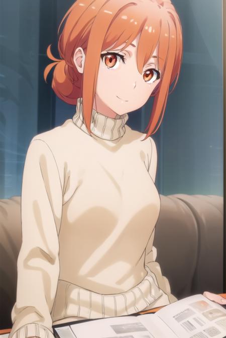 yuigahamama, <lora:mother yuigahama s2s3-lora-nochekaiser:1>,
mother yuigahama, hair bun, mature female, (orange eyes:1.5), orange hair, short hair, single hair bun, hair between eyes, sidelocks, smile,
BREAK denim, jeans, pants, sweater, turtleneck, turtleneck sweater, white sweater,
BREAK indoors, bed,
BREAK looking at viewer, (cowboy shot:1.5),
BREAK <lyco:GoodHands-beta2:1>, (masterpiece:1.2), best quality, high resolution, unity 8k wallpaper, (illustration:0.8), (beautiful detailed eyes:1.6), extremely detailed face, perfect lighting, extremely detailed CG, (perfect hands, perfect anatomy),