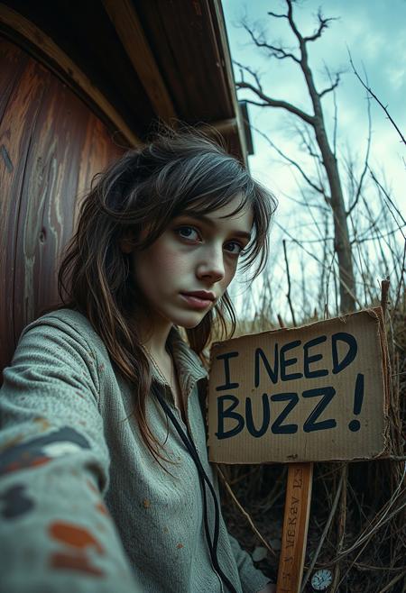 ”(masterpiece, intricate:1.3), (best quality, hires textures, high detail:1.2), golden theme, lora:Starry_Morph:1 starry_morph,woman in the wild, rotten aesthetics, comically exaggerated with a fisheye lens effect (12mm), very high resolution, decayed cardboard sign reading ‘I NEED BUZZ!’ placed near the scene, weathered textures, humorous yet gritty atmosphere, cinematic composition.”